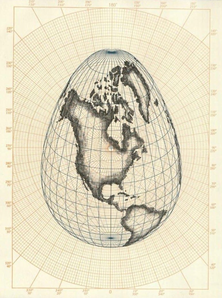 An egg-shaped earth sketched out on graph paper, its longitude and latitude lines visible