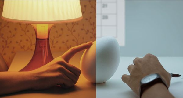 A split photo of two domestic scenes, with an egg connecting them