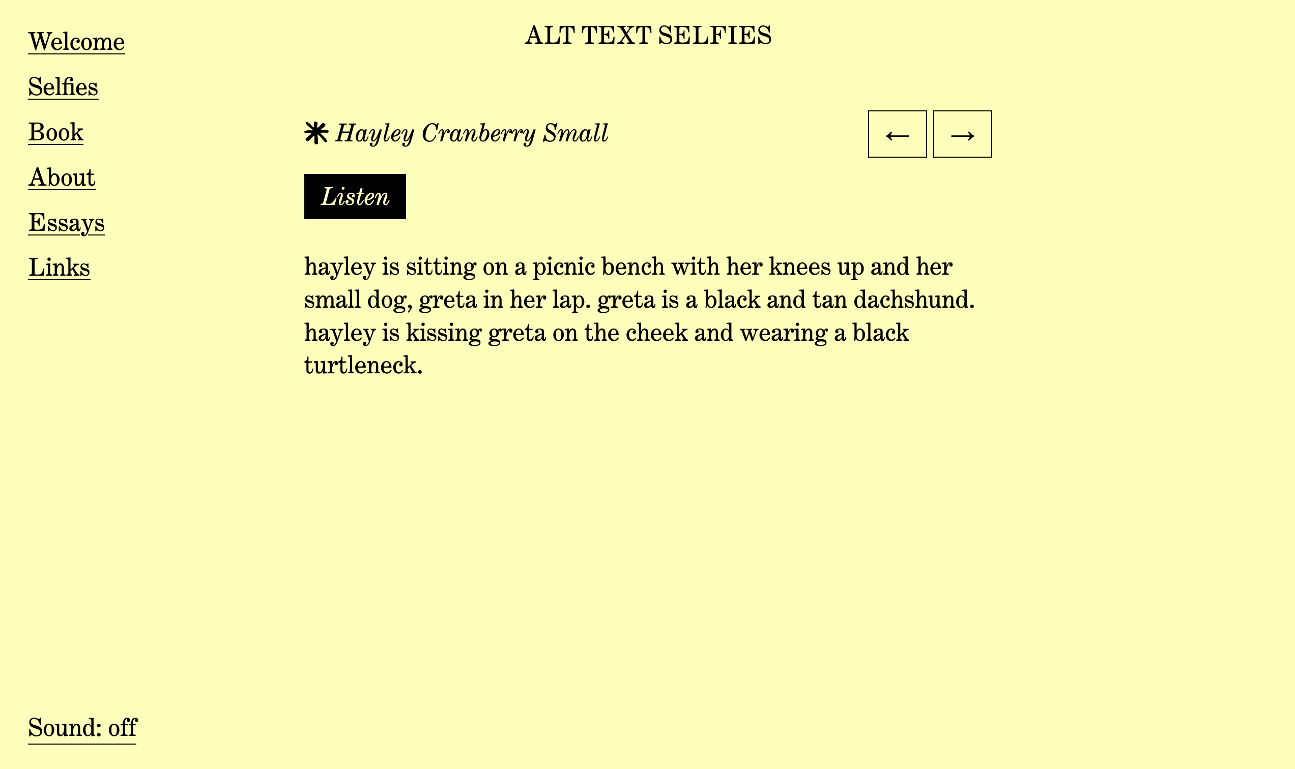 A screenshot of the Alt Text Selfies website showing an individual selfie of Hayley Cranberry Small, which starts "hayley is sitting on a picnic bench with her knees up and her small dog, greta in her lap."