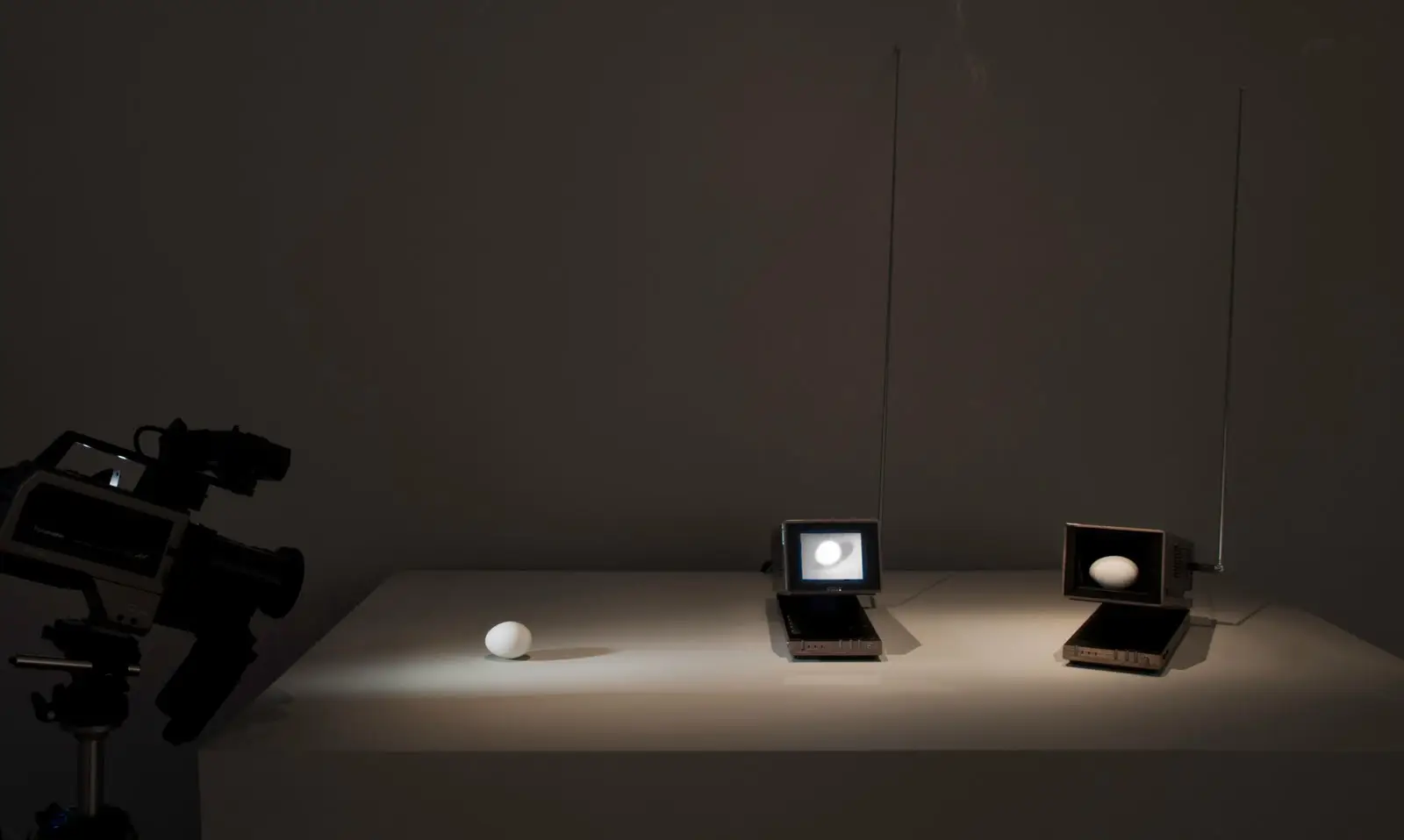 An egg on a table is filmed by a camera. Two small monitors beside the egg display its projection